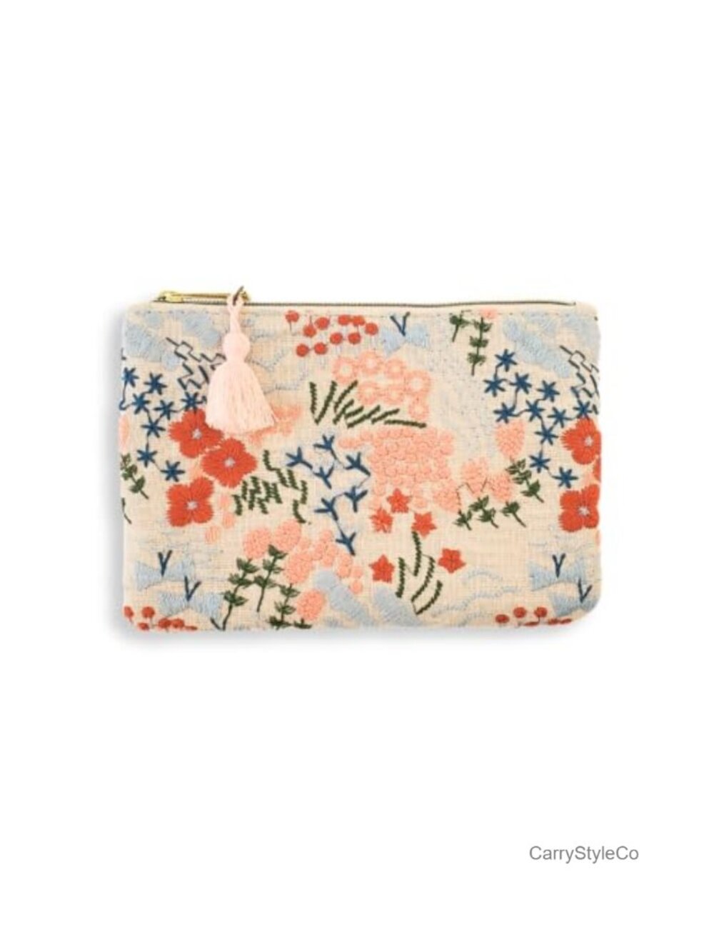 Embroidered Canvas Zip Pouch Tassel Clutch Travel Cosmetics Bag